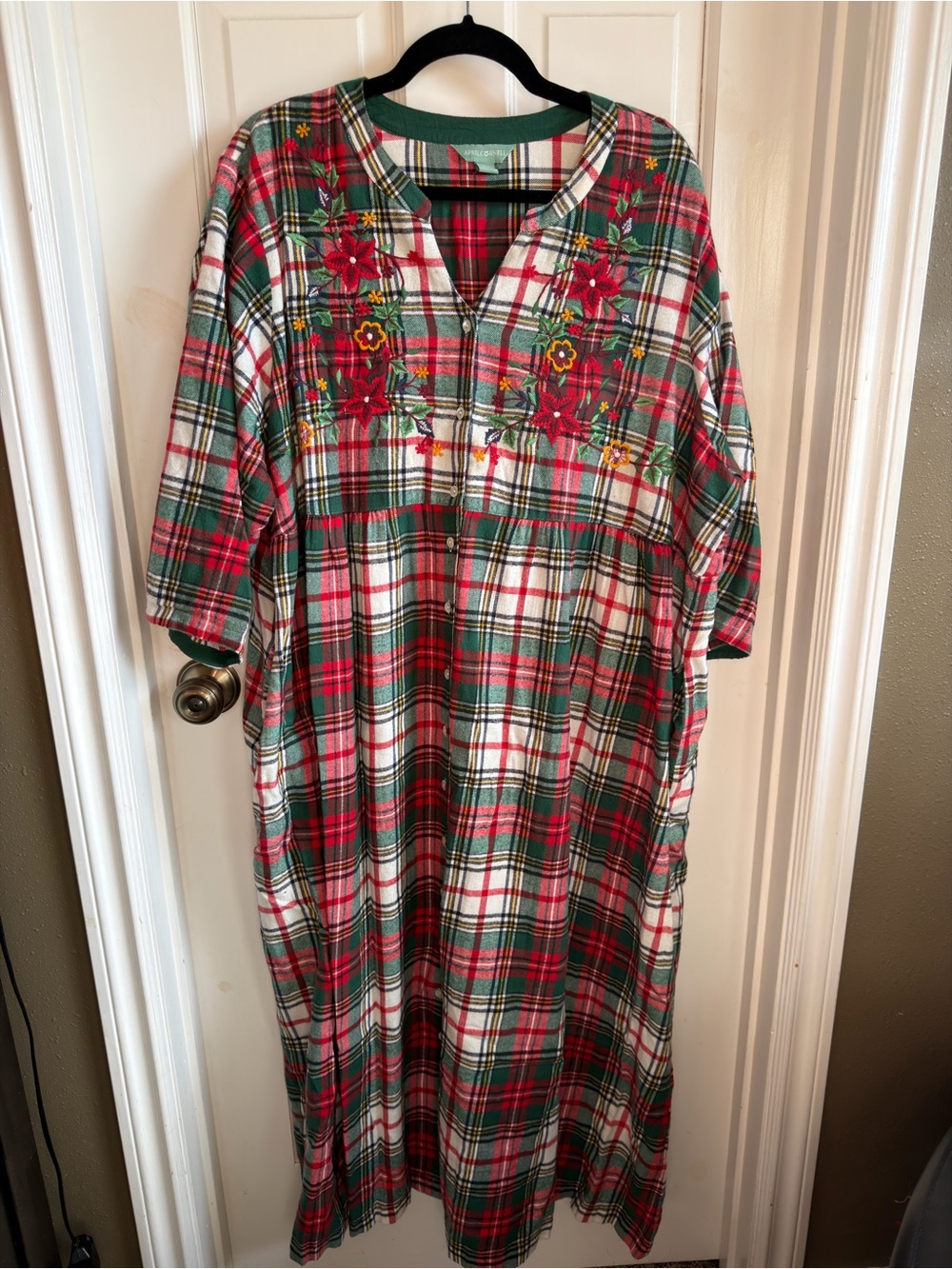 April Cornell Red Green Plaid Embroidered nightgown and robe.